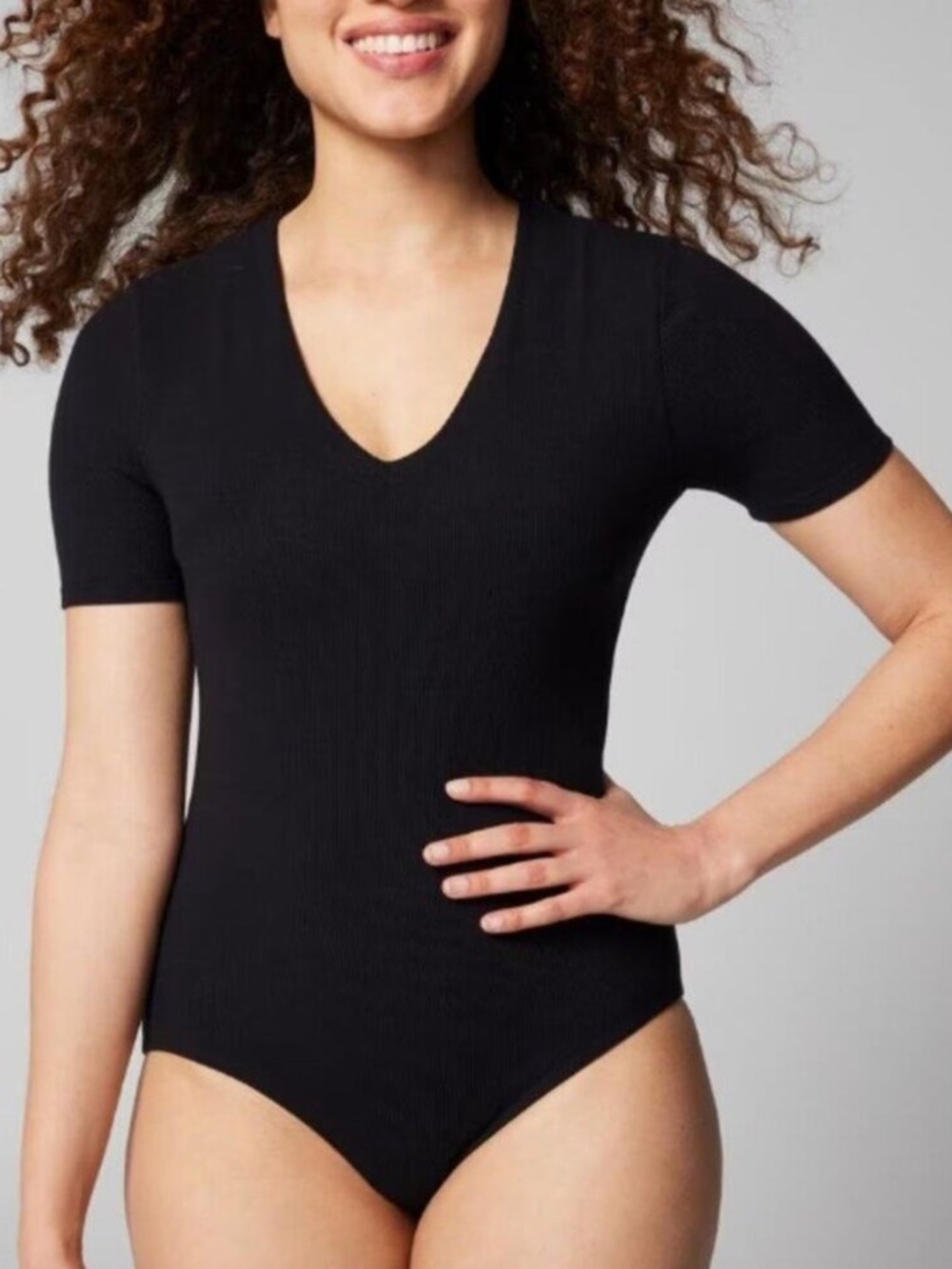 SOMA Ribbed Short Sleeve V-Neck Compression Bodysuit in Black - M